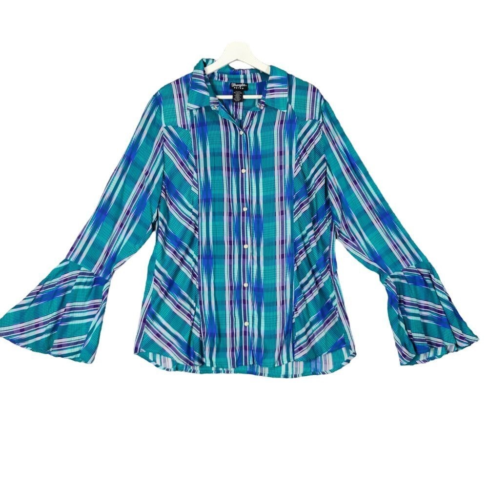 Wrangler Retro Womens Cowgirl Vibrant Western Bell Sleeve Shirt XL Ikat Plaid